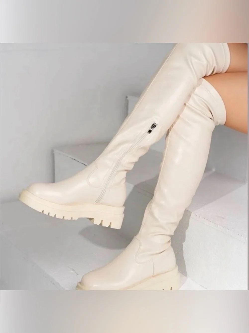 Franco Sarto Fera Cream Over The Knee Lug Sole Boots size 5.5M neutral classic